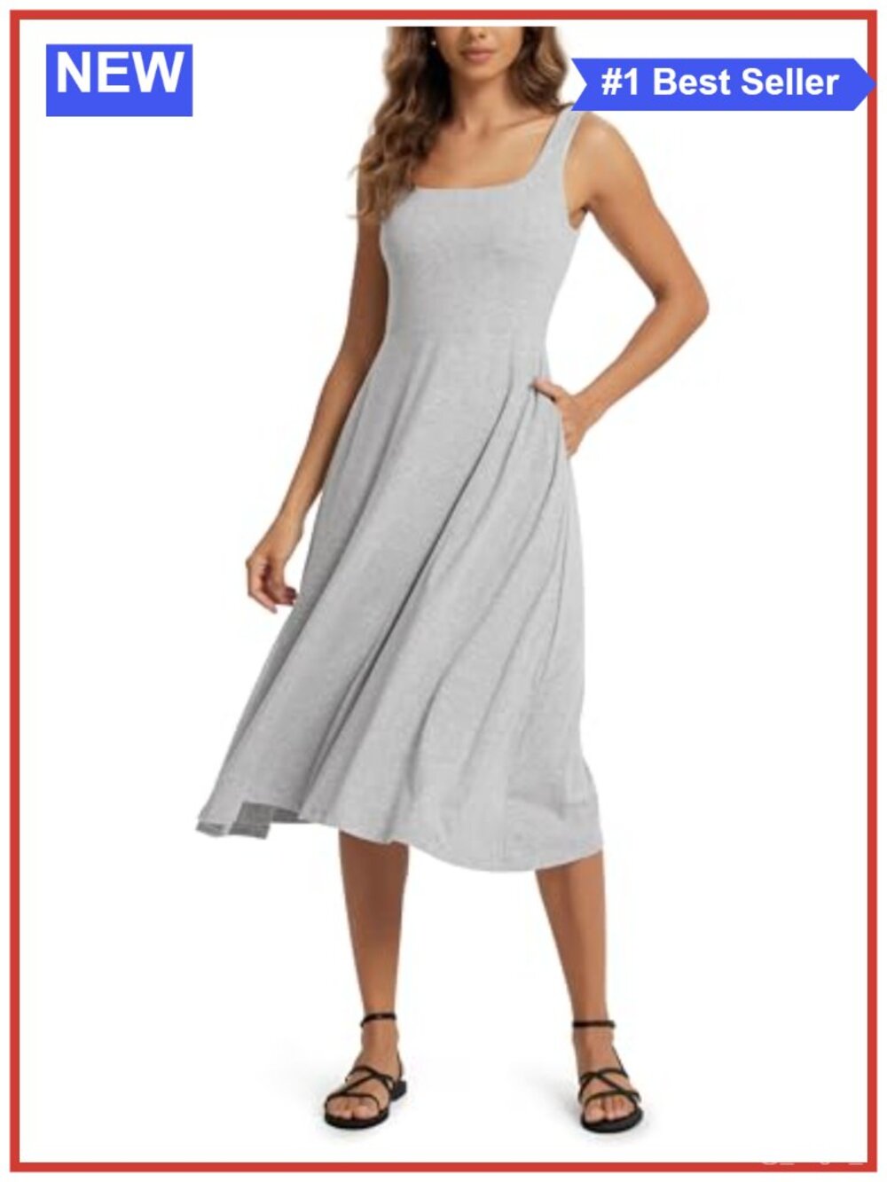 Square Neck Midi Dress with Pockets Sleeveless Sundress Flare Tank Dress